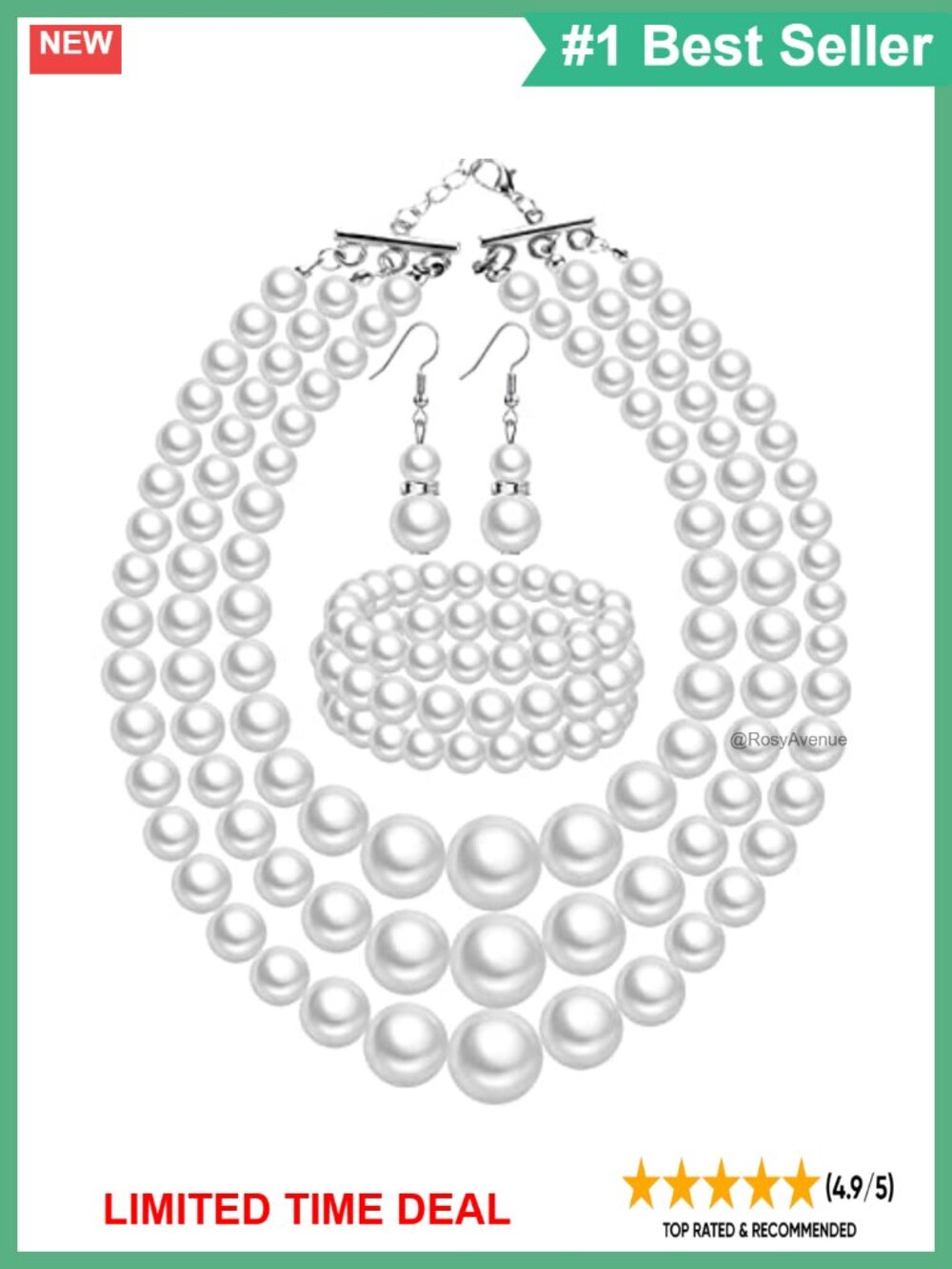 Layered Faux Pearl Necklace Bracelet Earrings Set Silver Clasp